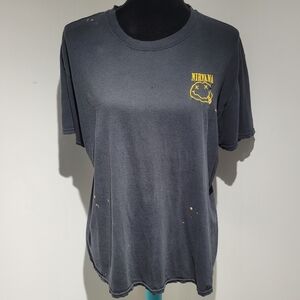 Vintage-style Nirvana Distressed Tee Yellow Smiley Large Black 90's Grunge